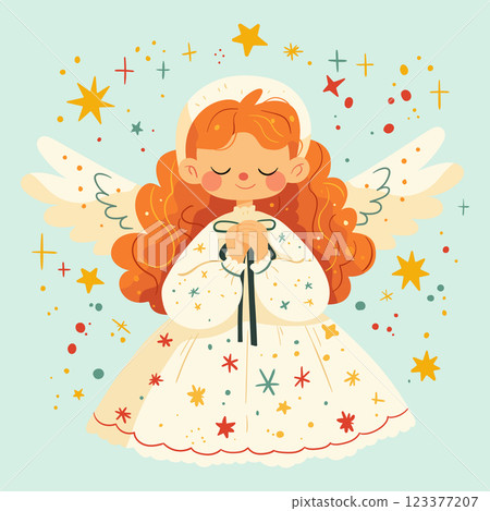 A spring card. Cute little angel girl with wings 123377207