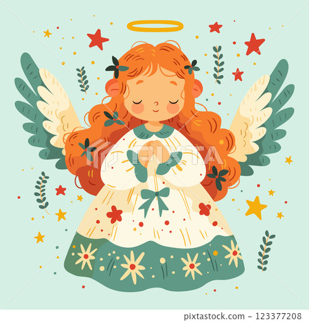 A spring card. Cute angel girl with wings and a halo over her head 123377208