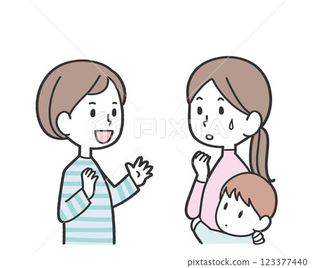 Woman talking to mother with child 123377440