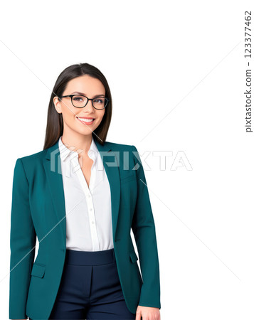 A confident Caucasian woman with medium-length brown hair and glasses, dressed in a dark green business jacket and white blouse. 123377462
