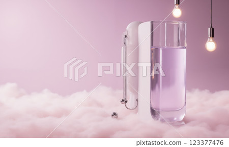 Eustomas (Eustoma) slender, cylindrical glass vase with water glowing in a faint lilac hue, holding a delicate arrangement of eustomas Eustomas (Eustoma) slender, cylindrical glass vase with water glowing in a faint lilac hue, holding a delicate arrangement of eustomas 123377476