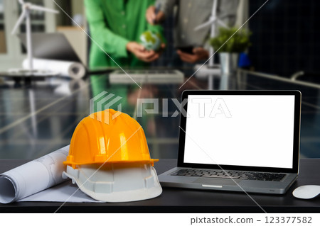 Construction house and building. workspace area. dof laptop computer and office 123377582