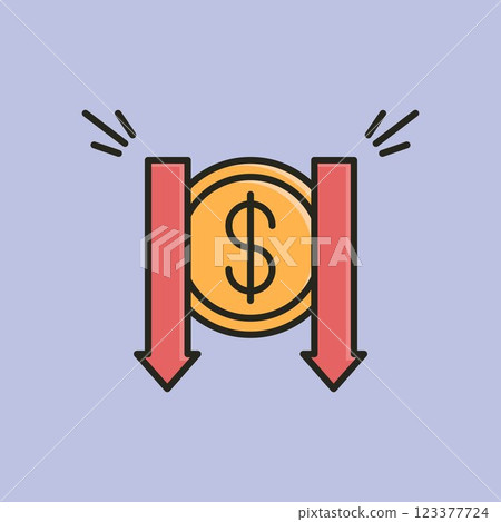 A vector illustration of a gold coin with a dollar sign, flanked by two red downward arrows, symbolizing financial decline, economic loss, or market downturn. 123377724