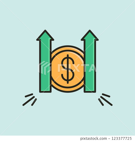 A vector illustration of a gold coin with a dollar sign, flanked by two green upward arrows, symbolizing financial growth, economic improvement, or market rise. A vector illustration of a gold coin with a dollar sign, flanked by two green upward arrows, symbolizing financial growth, economic improvement, or market rise. 123377725