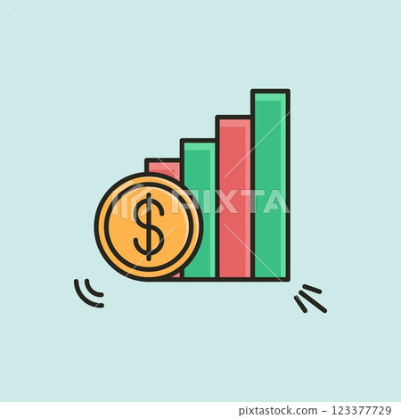A vector illustration of a rising bar chart with green and red bars and a gold dollar coin, representing business growth, financial success, and investment gains. A vector illustration of a rising bar chart with green and red bars and a gold dollar coin, representing business growth, financial success, and investment gains. 123377729