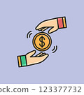Vector illustration of two hands exchanging a dollar  coin, symbolizing financial transactions, digital payments, donations, loans, and business exchanges. 123377732