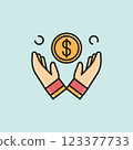 Vector illustration of hands open around a floating dollar ($) coin, representing financial security, savings, investment protection, and money management. 123377733