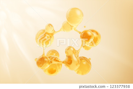 Molecule and golden liquid bubble, 3d rendering. 123377938