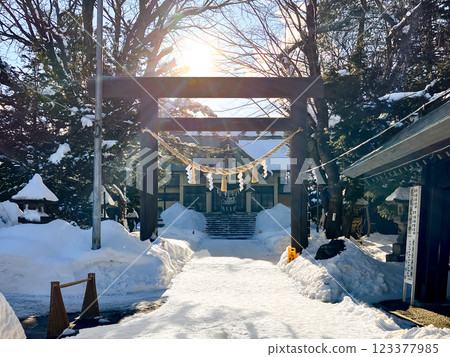 月神社鳥居，札幌市豐平區，冬天傍晚 123377985