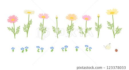 春花、菜粉蝶和瓢蟲的向量插圖集 123378033