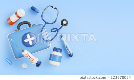 Ambulance service 3d banner. Doctor equipment icon - first aid medicine bag, stethoscope, thermometer, syringe, pill bottles on blue render background. Emergency medical care concept. 3D illustration 123378034