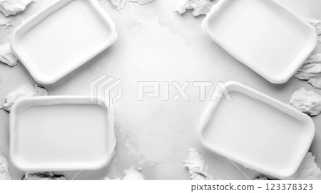 Creative kitchen setup with empty containers and flour arrangement 123378323