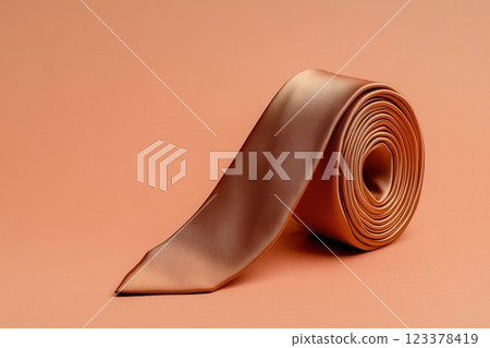 Elegant Rolled Copper Silk Necktie on Minimalist Peach Background 123378419