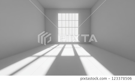 Light streaming through barred window in a minimalistic room 123378506