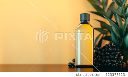 Natural oil bottle surrounded by fruit and plants on a warm backdrop 123378623