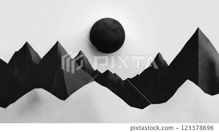 Stylized mountain landscape with a bold sun in contrasting shades 123378696
