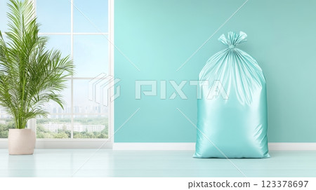 Bright and clean space featuring a turquoise bag near a window 123378697