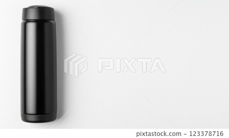 Sleek black thermos lying on a clean white background 123378716
