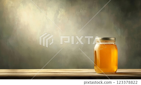 Golden honey jar resting on rustic wooden table with soft light Golden honey jar resting on rustic wooden table with soft light 123378822