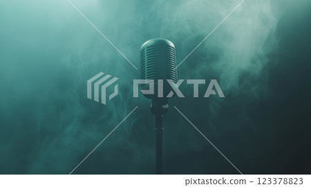 Classic microphone surrounded by ethereal fog in dim lighting 123378823