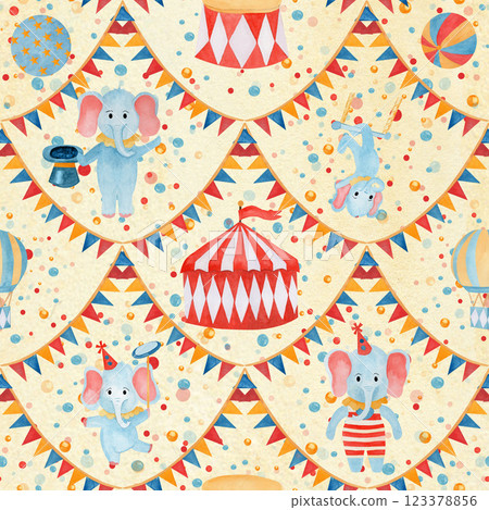 Seamless pattern watercolor hand drawn cartoon elephants: illusionist, strongman, gymnastics, juggler and balloon, circus podium, tent, garlands on yellow background. For childish fabric, wallpaper Seamless pattern watercolor hand drawn cartoon elephants: illusionist, strongman, gymnastics, juggler and balloon, circus podium, tent, garlands on yellow background. For childish fabric, wallpaper 123378856