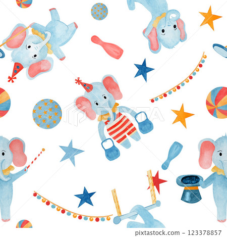 Seamless pattern watercolor hand drawn cartoon elephants: illusionist, strongman, gymnastics, juggler and stars, kettlebell, ball, garlands on white background. For childish fabric, wallpaper nursery 123378857