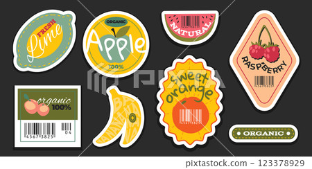 Retro fruit stickers set on black background 123378929