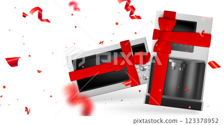 Household appliances with red ribbons and bows Household appliances with red ribbons and bows 123378952