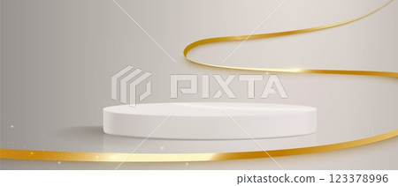 Round podium and golden ribbon on white background Round podium and golden ribbon on white background 123378996