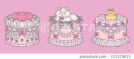 Vintage style decorated cakes set with cute bows 123379015