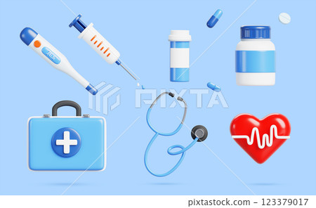 Medical equipment cartoon 3d render icon set. Doctor bag with first aid medicine, stethoscope, thermometer, syringe, pill bottle, heart with pulse line. Emergency medical care concept. 3D illustration 123379017