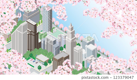 Illustration of a spring cityscape with cherry blossoms in bloom. 123379047
