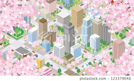 Illustration of a spring cityscape with cherry blossoms in bloom. Illustration of a spring cityscape with cherry blossoms in bloom. 123379048
