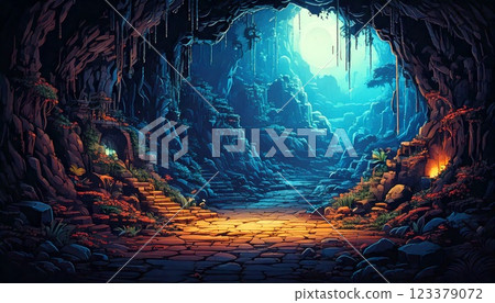 復古遊戲風格自然像素藝術背景（洞穴內部）生成 AI 123379072