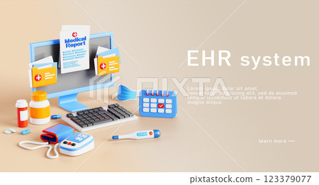 EHR system isometric 3d render web banner. Online database with patient medical report. Electronic health records on pc screen with tonometer, thermometer, mask, pills on doctor table. 3D illustration EHR system isometric 3d render web banner. Online database with patient medical report. Electronic health records on pc screen with tonometer, thermometer, mask, pills on doctor table. 3D illustration 123379077