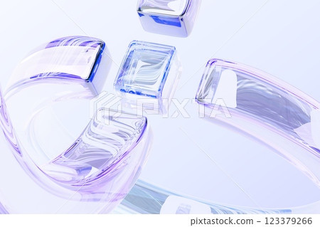 3d crystal glass cube block with circular lines on pastel light background. Abstract pearlescent holographic gradient shapes, curve wave pattern. Digital tech banner, render wallpaper. 3D illustration 123379266