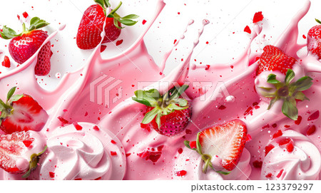 Milk splash with fresh strawberries and raspberries isolated on white background, 3d rendering 123379297
