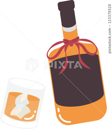 一瓶威士忌酒和一杯加冰的玻璃杯的插圖集 一瓶威士忌酒和一杯加冰的玻璃杯的插圖集 123379328
