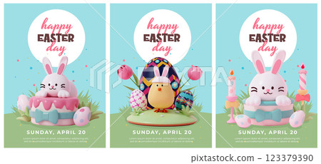 Set of Playful Easter Designs Featuring Bunnies and Eggs, vector illustration 123379390