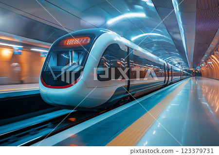 A scene of a futuristic high-speed subway train arriving at a station A scene of a futuristic high-speed subway train arriving at a station 123379731
