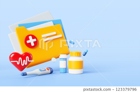 Medical record 3d render banner. Document folder with patient health report, paper healthcare data. Cardiology concept with red heart beat, thermometer, pill bottle on blue background. 3D illustration 123379796