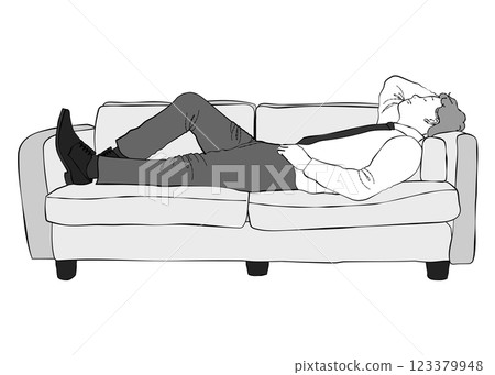 一位商人仰躺在沙發上的插圖（全身、單色、側身） 123379948