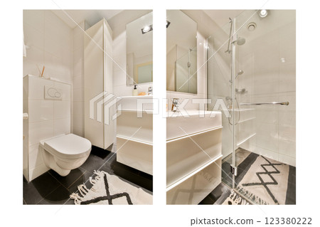 A sleek and modern bathroom featuring minimalist decor, elegant fixtures, and a functional layout. The design emphasizes cleanliness and space efficiency. A sleek and modern bathroom featuring minimalist decor, elegant fixtures, and a functional layout. The design emphasizes cleanliness and space efficiency. 123380222
