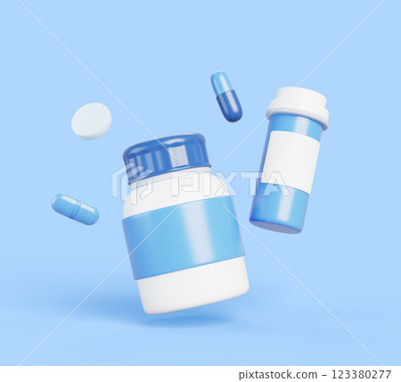 3d pill bottles with medical drugs, white tablets and blue capsules on background. Render cartoon mockup of vitamin or antibiotic jar. Pharmacy closed plastic container with medicine. 3D illustration 123380277