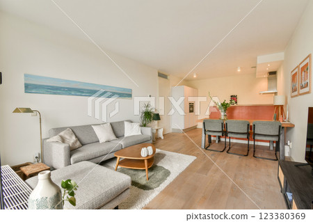 A stylish and contemporary living room featuring a cozy sofa, minimalistic decor, and a well-lit ambiance, perfect for relaxation and socializing. A stylish and contemporary living room featuring a cozy sofa, minimalistic decor, and a well-lit ambiance, perfect for relaxation and socializing. 123380369