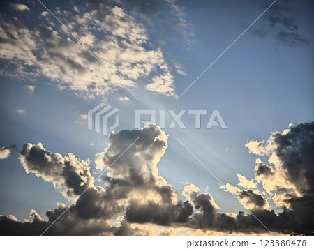 The background of the sunset sky landscape is the natural color of the evening cloudy landscape with the light of the setting sun penetrating through The background of the sunset sky landscape is the natural color of the evening cloudy landscape with the light of the setting sun penetrating through 123380478
