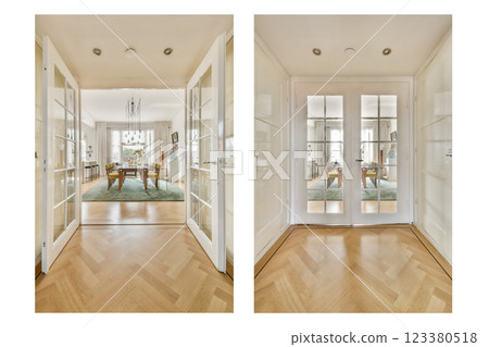 A bright and stylish interior featuring open double doors leading to a spacious dining area adorned with modern decor and ample natural light. 123380518