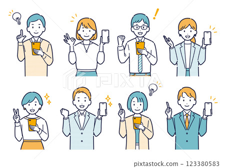Illustration set of a business person with a bright expression holding a smartphone 123380583