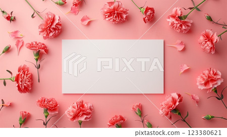 Blank white board and carnation flower for greeting text message 123380621
