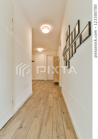 A spacious modern hallway featuring sleek white walls, elegant lighting, and wooden flooring that enhances the room's aesthetic appeal while being functional. 123380780